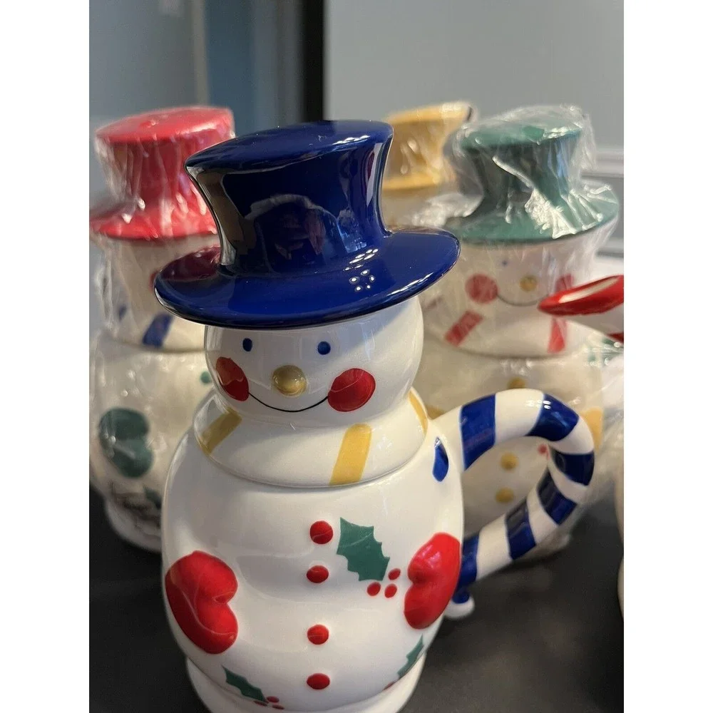 Temptations 5-Piece Snowman Entertaining Tea Set NIB. 48oz Teapot & 4 12oz Mugs